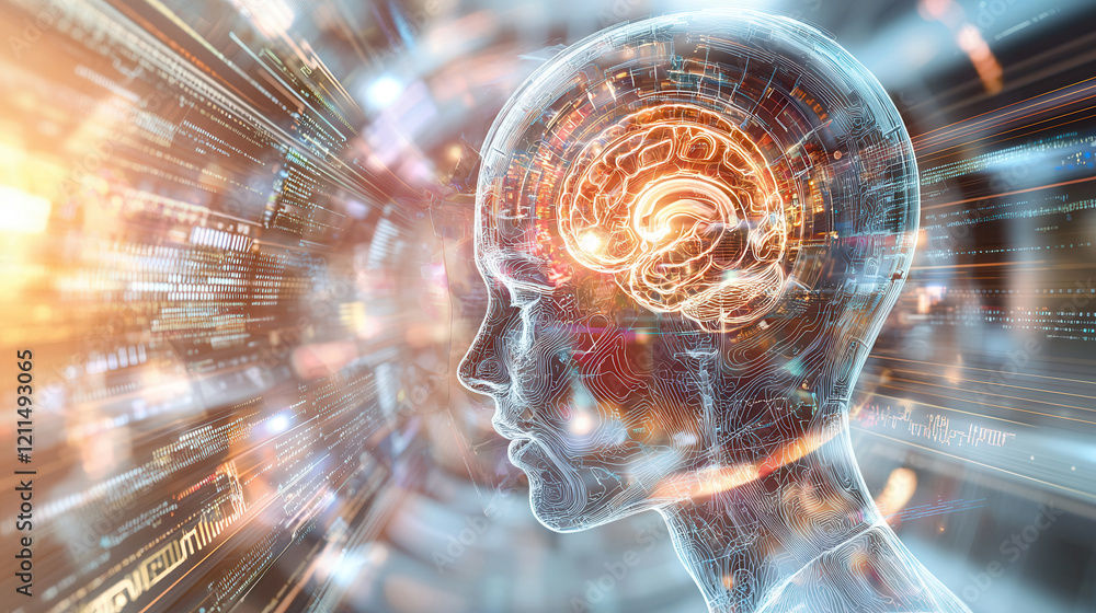 Poster futuristic depiction of artificial intelligence, showcasing glowing brain within transparent human h