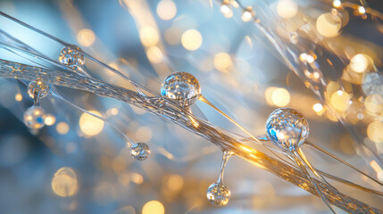 close up of abstract glass like droplets on delicate strands, glowing with golden and blue light, creating futuristic and ethereal atmosphere