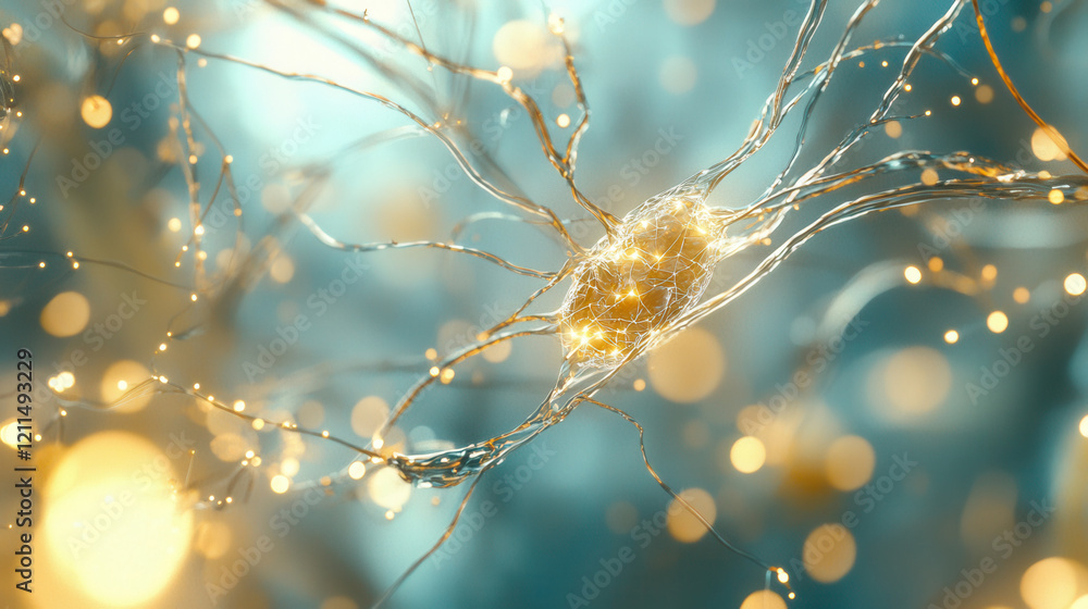 Poster glowing neural network node surrounded by interconnected golden strands, symbolizing ai and data flo