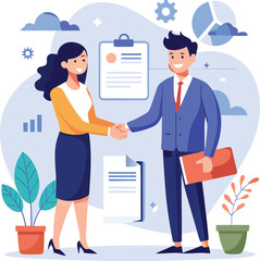 People shaking hands at work - Two businesspeople, man and woman doing handshake in office at work while smiling over business agreement and deal. Flat design stock illustration on white background