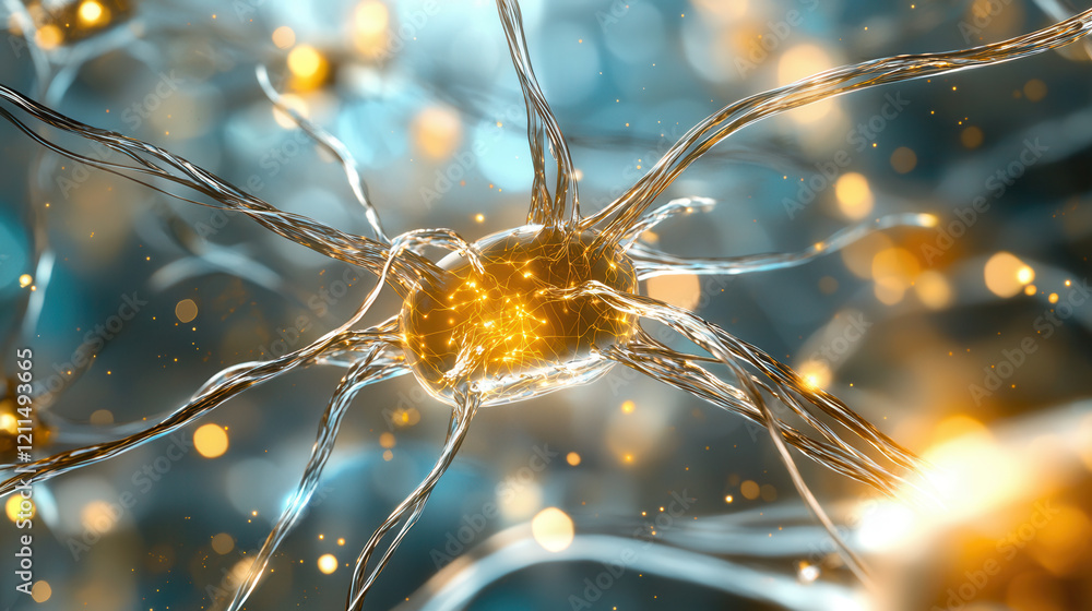 Poster glowing neural network node with interconnected pathways, symbolizing ai and data flow