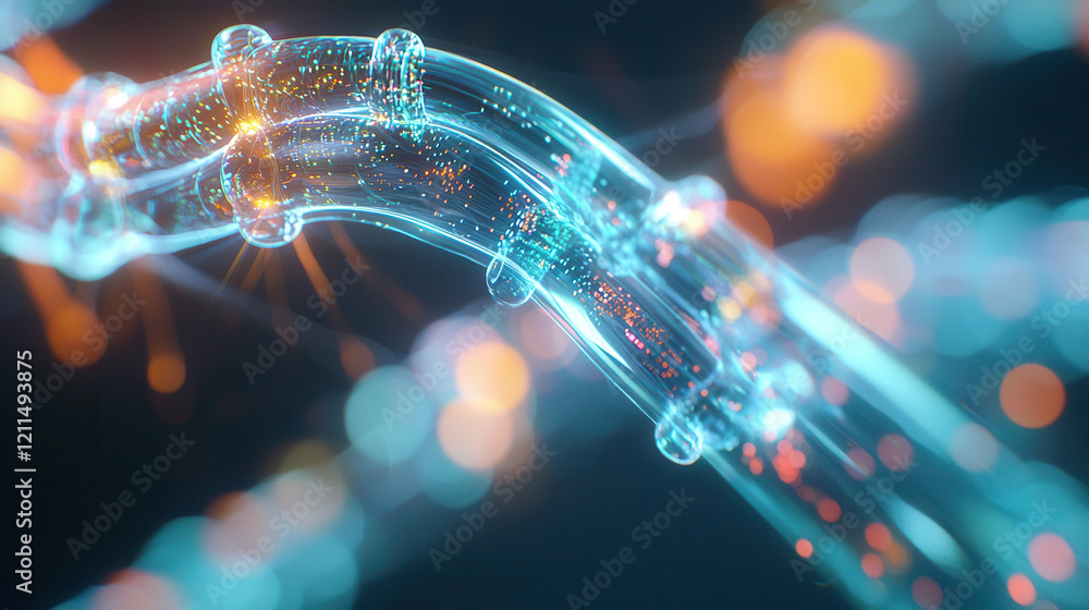 Poster futuristic depiction of glowing, transparent ai driven data pipeline with vibrant particles flowing 