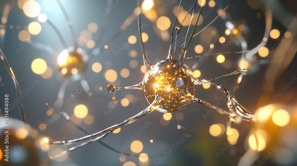 Poster glowing artistic representation of neural networks with golden nodes and connections, symbolizing ai