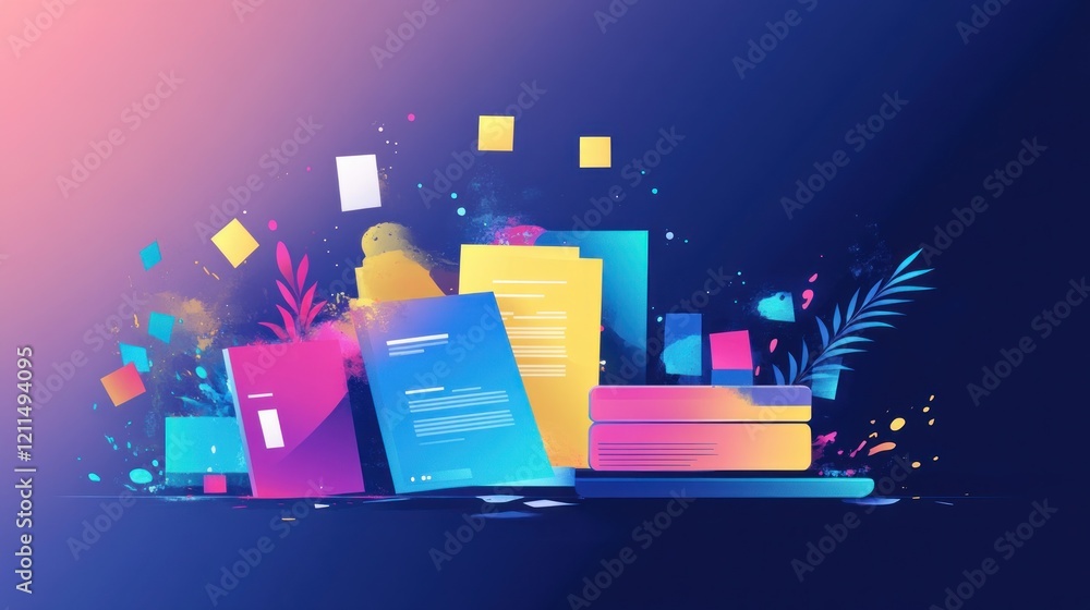 Poster vibrant abstract books and notes: a colorful study of creativity and knowledge