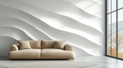 Modern Minimalist Living Room Interior Design with Beige Sofa and Wave Wall