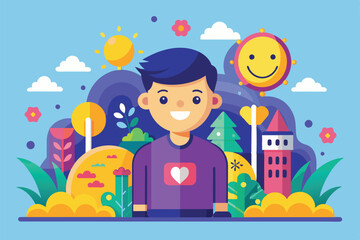 A young boy smiles joyfully in a vibrant landscape filled with sunshine and colorful plants Happiness Customizable Semi Flat Illustration
