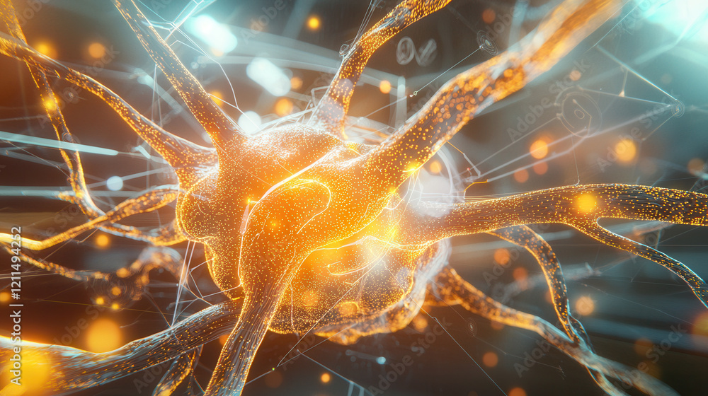 Poster glowing neural network node surrounded by interconnected pathways, symbolizing ai driven intelligenc