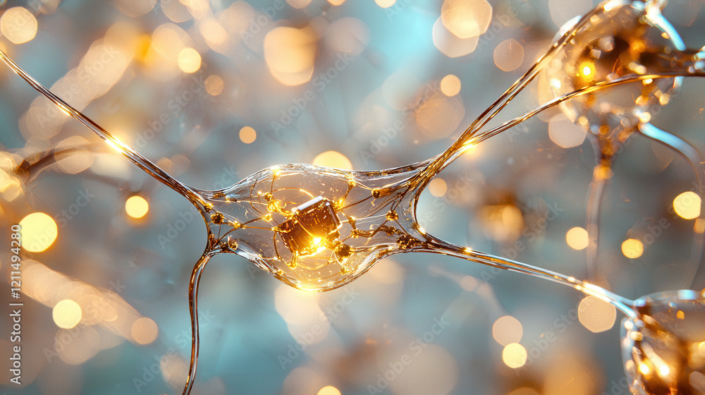 Poster glowing artistic representation of neural networks, showcasing interconnected nodes and golden light