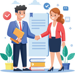 People shaking hands at work - Two businesspeople, man and woman doing handshake in office at work while smiling over business agreement and deal. Flat design stock illustration on white background