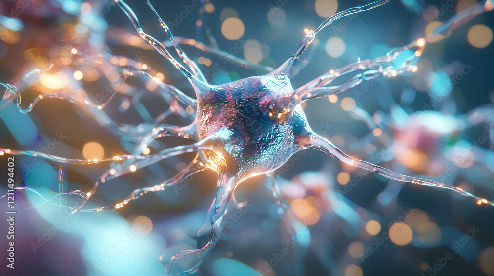 Poster close up artistic depiction of glowing neural network, showcasing interconnected neurons with vibran