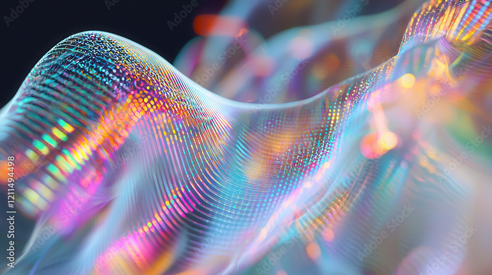 Poster vibrant digital wave with colorful light refractions and intricate patterns, evoking futuristic and 