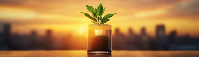 Young plant growing in a glass jar at sunset.