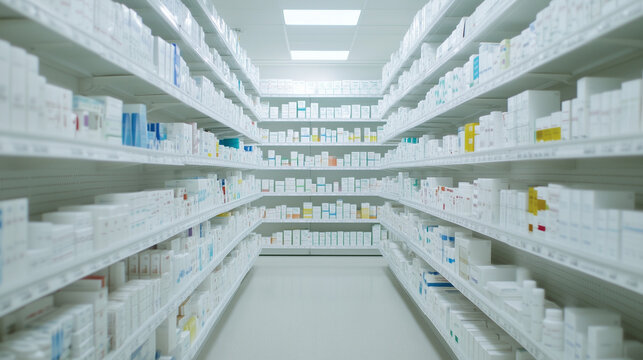 Aisle of Pharmaceuticals: Rows of white shelves are stacked high with medicine bottles, showcasing a variety of prescription and over-the-counter drugs in a pharmacy setting.