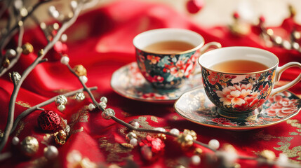 Close-up of a floral-patterned tea set on a red silk cloth, surrounded by festive Chinese New Year ornaments