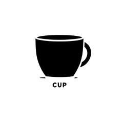 Simple Cup Silhouette: A minimalist and modern design featuring a black silhouette of a coffee cup with a handle, the word 