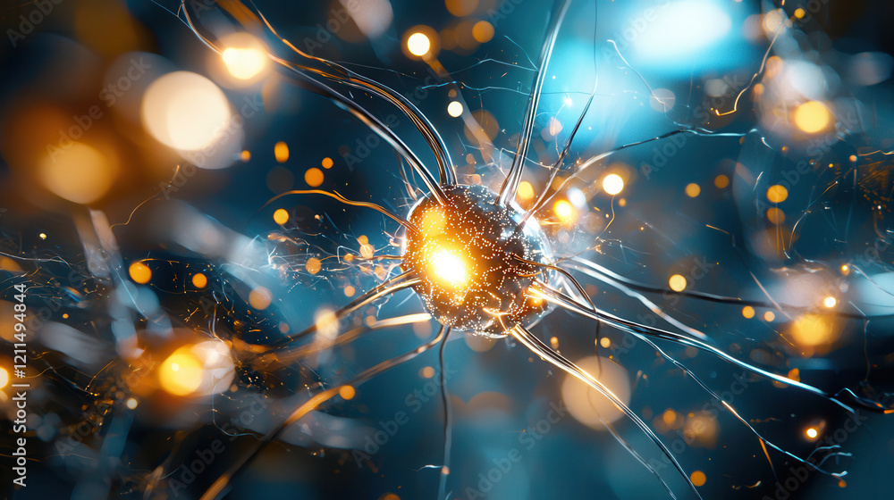 Poster glowing neural network node surrounded by interconnected wires and vibrant energy sparks, symbolizin