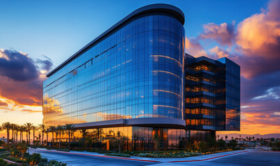 The fa ç ade of modern skyscrapers and glass curtain wall buildings in the city