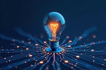 Abstract AI digital chips and light bulbs on technology blue background. Artificial intelligence innovation concept. Technological bg. Processor processor or microchip.