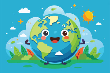 A joyful Earth character smiles under a sunny sky with greenery and clouds in the background Happy earth Customizable Disproportionate Illustration
