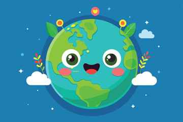 Obraz premium A happy earth character smiles amidst clouds, flowers, and greenery in a bright, engaging setting Happy earth Customizable Flat Illustration