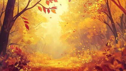 Sunlit autumn path through golden forest.