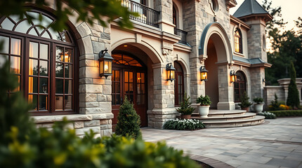 Obraz premium Majestic Stone Mansion: A Luxurious Home Exterior at Dusk