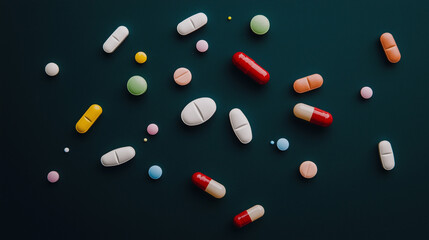 Pill Abstract: An assortment of colorful pills and capsules scattered on a dark blue surface, creating an abstract and visually striking pattern.  