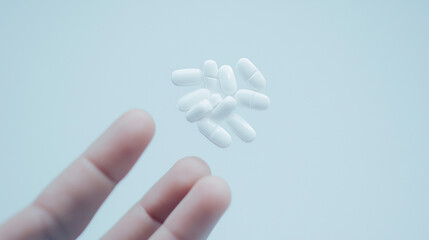 White Pills on Finger: A close-up view of a fingertip carefully holding a small cluster of white pills, capturing the essence of medication and its significance in healthcare. 