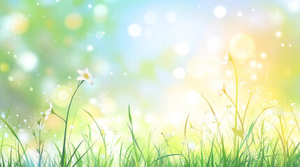 Obraz premium A cheerful spring background featuring light green grass, a clear blue sky, and a bright sunny glow with soft bokeh effects. The warm sunlight enhances the vibrant landscape