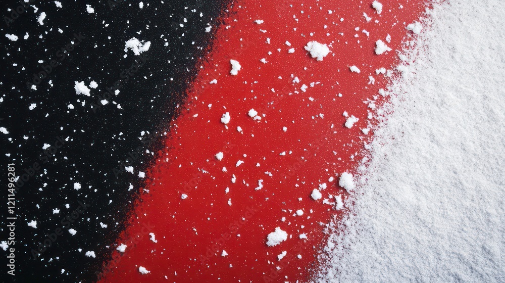 Poster abstract winter scene with red and black background and scattered snow.