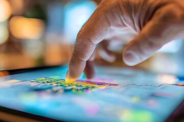 Close up of Hand Pointing to Digital Graph on Tablet During Meeting