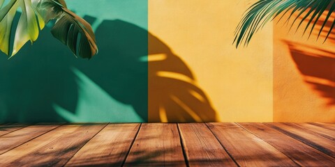 Tropical wooden table with vibrant green and orange background shadows of green leaves providing ample space for text and design elements.