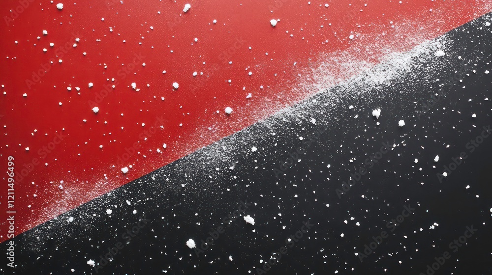 Fototapete red and black background with scattered white powder, creating a diagonal split.