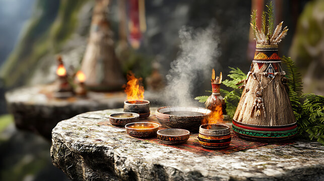 vibrant Umbanda ceremony scene featuring traditional bowls, smoke, and flames, set in natural landscape