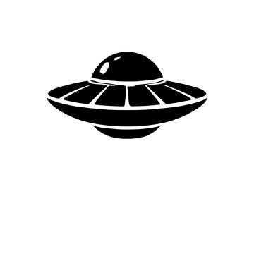 UFO Silhouette: A stark black silhouette of a classic flying saucer UFO against a clean background, evoking intrigue and wonder. It's a minimalist design for t-shirts, posters, and website banners.