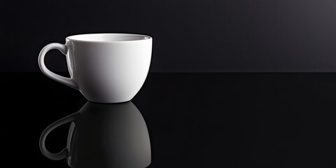 White ceramic cup positioned on glossy black surface with soft reflection and dark background creating ideal space for text insertion