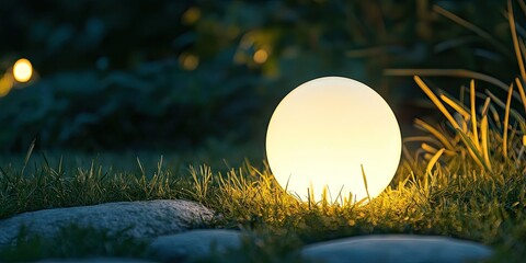 Illuminated round white lamp positioned on lush green grass beside small stones in a tranquil evening garden setting with soft lighting.