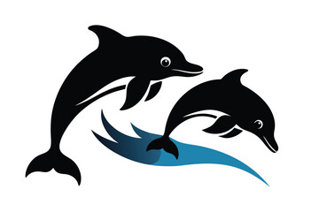 Fototapeta premium Jumping Dolphin Silhouette with Splashing Waves Vector Illustration