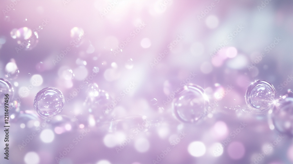 Poster floating bubbles in lavender light: ethereal soap bubbles drift in a soft, lavender-hued glow, creat