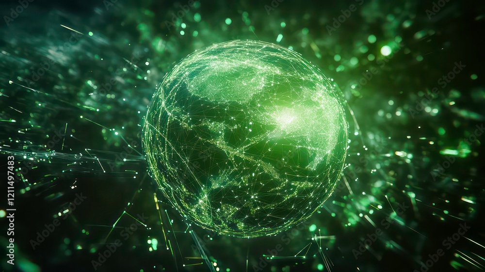 Poster Abstract green glowing digital earth globe with connecting lines and particles.