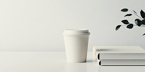 Minimalistic white cup with logo space beside two stacked white books on a clean surface with green leaves in soft focus on the left side.