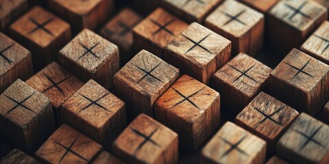 Rustic wooden cubes with engraved tick marks arranged in a dense pattern, showcasing rich brown tones and varying textures, creating a natural aesthetic.