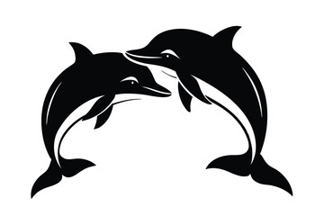 Obraz premium black silhouette Playful dolphins jumping out of the ocean waves isolated white background