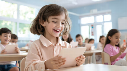Happy children engaged in learning with tablets in classroom setting. atmosphere is bright and cheerful, promoting positive educational experience