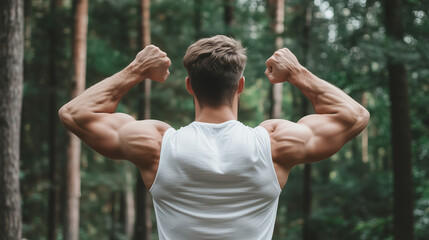 Muscular Man in Forest: A powerful physique is showcased from behind, arms flexed, demonstrating impressive muscle definition against a backdrop of lush, green trees in a dramatic outdoor setting.  