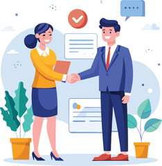 People shaking hands at work - Two businesspeople, man and woman doing handshake in office at work while smiling over business agreement and deal. Flat design stock illustration on white background