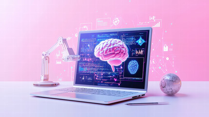 Fototapeta premium laptop displaying digital brain with data analytics, surrounded by robotic arm and abstract graphics, symbolizes advanced technology and artificial intelligence