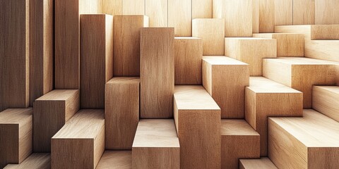 Fototapeta premium Stepped wooden blocks in warm beige tones stacked in a textured formation with space for text on a bright wooden backdrop.