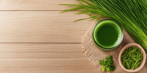 Freshly extracted bright green wheatgrass juice in a clear glass on light brown wooden surface with vibrant green wheatgrass and herbs nearby.