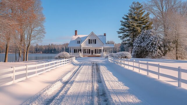 Snowy driveway leading to inviting white farmhouse in winter wonderland